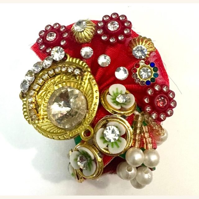 Size 2 red mukut for Laddu Gopal with stone work, floral accents, and pearl drops