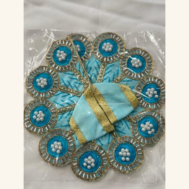 Sky blue Laddu Gopal dress in Size 2 with pearl cluster embroidery, mirror work border, and golden gota detailing – perfect for Janmashtami and daily puja.
