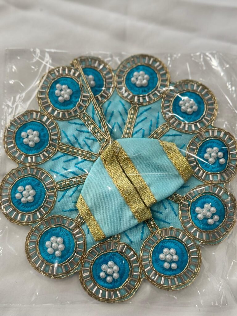 Sky blue Laddu Gopal dress in Size 2 with pearl cluster embroidery, mirror work border, and golden gota detailing – perfect for Janmashtami and daily puja.