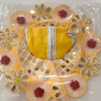 Size 3 Laddu Gopal dress in vibrant yellow with mirror work, red rose embellishments, floral lace border, and silver gota patti — perfect festive attire for Bal Gopal idol."