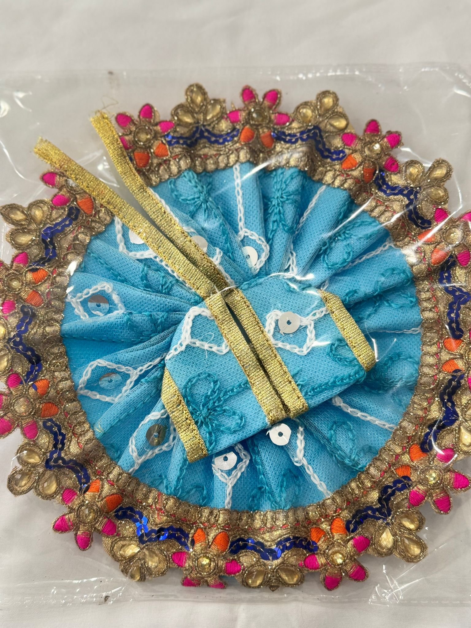 Blue Lace Designer Dress for Laddu Gopal with Golden and Pink Embroidery
