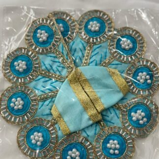 Sky blue Laddu Gopal dress in Size 2 with pearl cluster embroidery, mirror work border, and golden gota detailing – perfect for Janmashtami and daily puja.