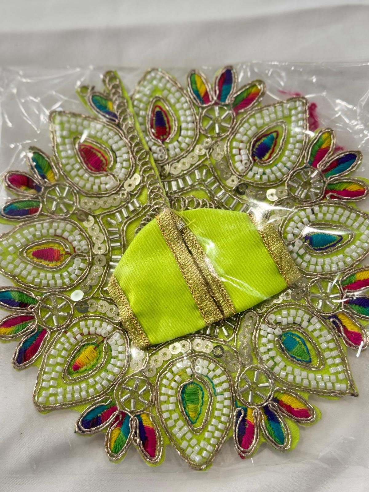 Laddu Gopal Dress – Size 2 | Neon Green with White Beadwork and Multicolor Thread Embroidery