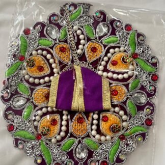 Purple Laddu Gopal dress in Size 2 with multicolor embroidery, mirror work, pearls, and golden detailing.