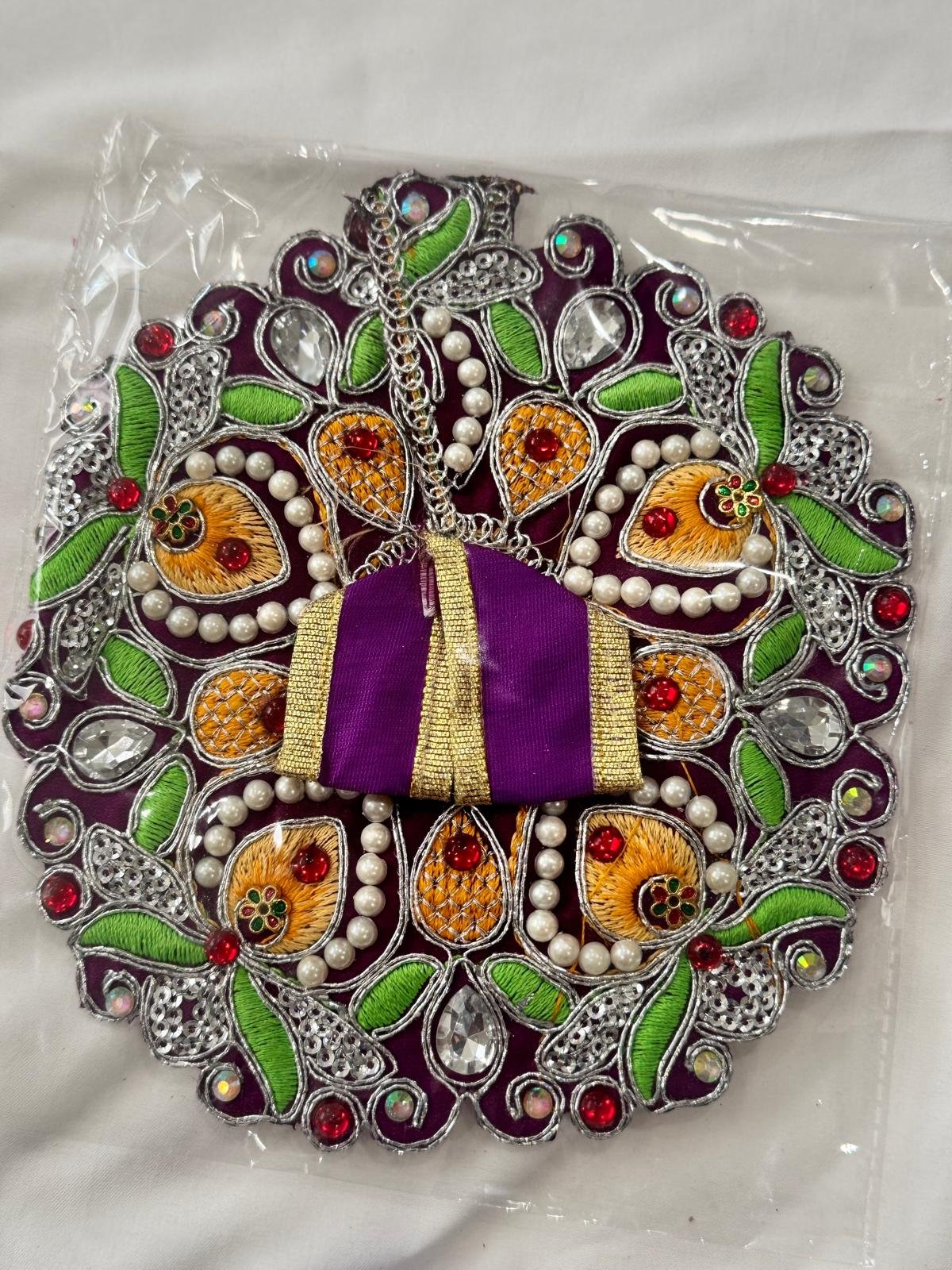 Purple Laddu Gopal dress in Size 2 with multicolor embroidery, mirror work, pearls, and golden detailing.