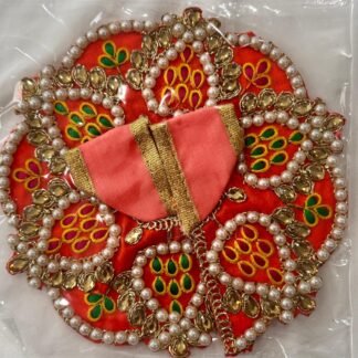 Orange and peach Laddu Gopal dress in Size 2 with pearl beading, golden mirror work, and multicolor embroidery in floral leaf patterns.