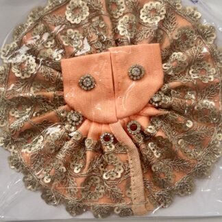 Peach Laddu Gopal dress in Size 2 featuring golden sequin floral embroidery, shimmering threadwork, and sparkling stone button accents.