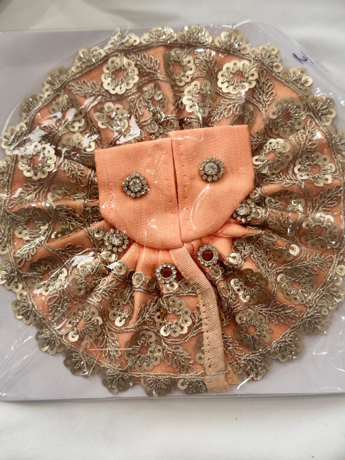 Peach Laddu Gopal dress in Size 2 featuring golden sequin floral embroidery, shimmering threadwork, and sparkling stone button accents.