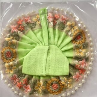 Light green Laddu Gopal dress in Size 2 featuring delicate pastel thread floral embroidery and a pearl border, suitable for spring worship or daily puja