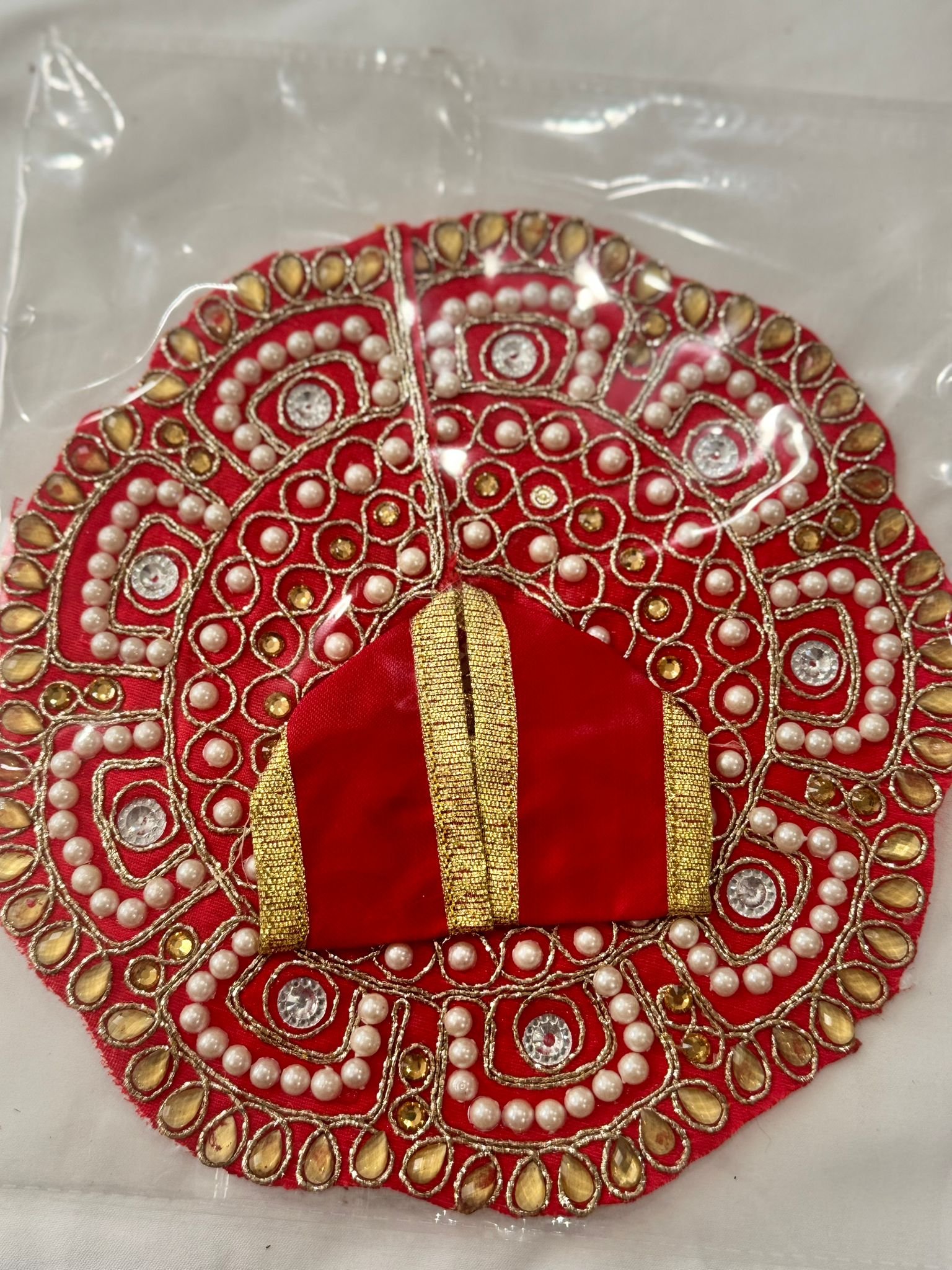 Laddu Gopal Dress – Size 3 | Red Dress with Golden Mirror and Pearl Handwork