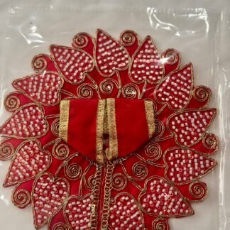 Laddu Gopal Dress Size 3 in red with heart-shaped leaf design, white beadwork, and golden chain