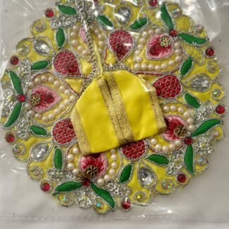 Laddu Gopal Dress – Size 3 | Yellow Dress with Red Pearl Mirror Work with Silver Border