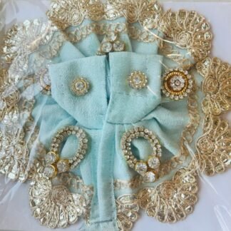 Pastel blue Laddu Gopal dress with golden floral embroidery and shimmering stone embellishments
