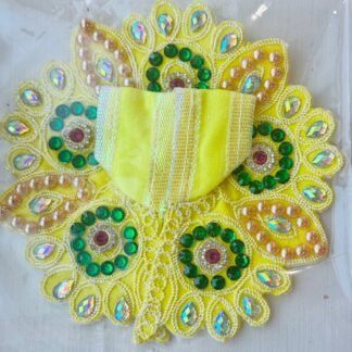 Yellow Laddu Gopal dress with green stones, mirror work, and golden pearl embellishments