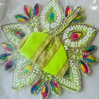 Parrot green Laddu Gopal dress with multicolor thread embroidery and white bead embellishment