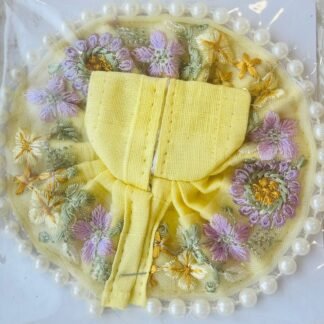 Pastel yellow Laddu Gopal dress with soft floral embroidery and pearl border