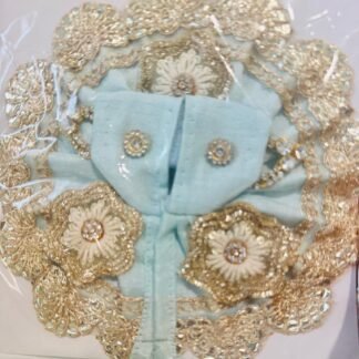 Pastel blue Laddu Gopal dress with golden floral embroidery and shimmering stone embellishments