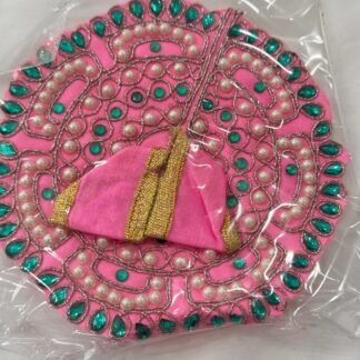 Size 1 baby pink Laddu Gopal dress with multicolor beadwork, green stones, and white pearl embroidery
