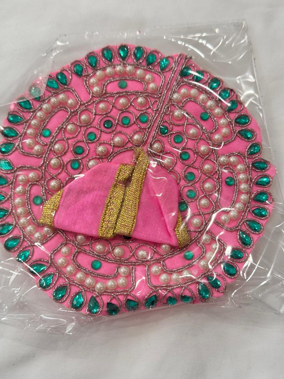 Size 1 baby pink Laddu Gopal dress with multicolor beadwork, green stones, and white pearl embroidery