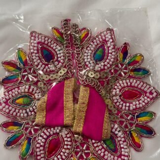 Vibrant pink Laddu Gopal dress with rainbow thread embroidery, white beadwork, and golden gota detailing