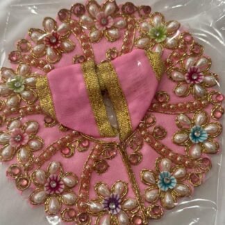 Size 1 Laddu Gopal dress in baby pink with multicolor pearl flowers and golden zari work