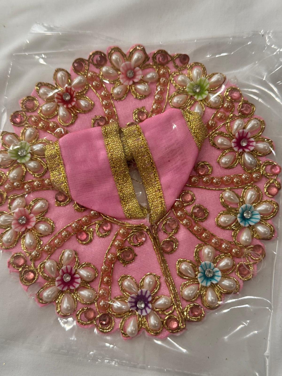 Size 1 Laddu Gopal dress in baby pink with multicolor pearl flowers and golden zari work