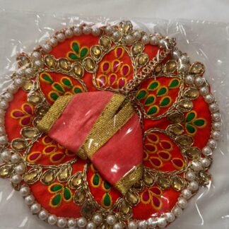 Size 1 Laddu Gopal dress in orange with golden beadwork, colorful embroidery, and pearl edging