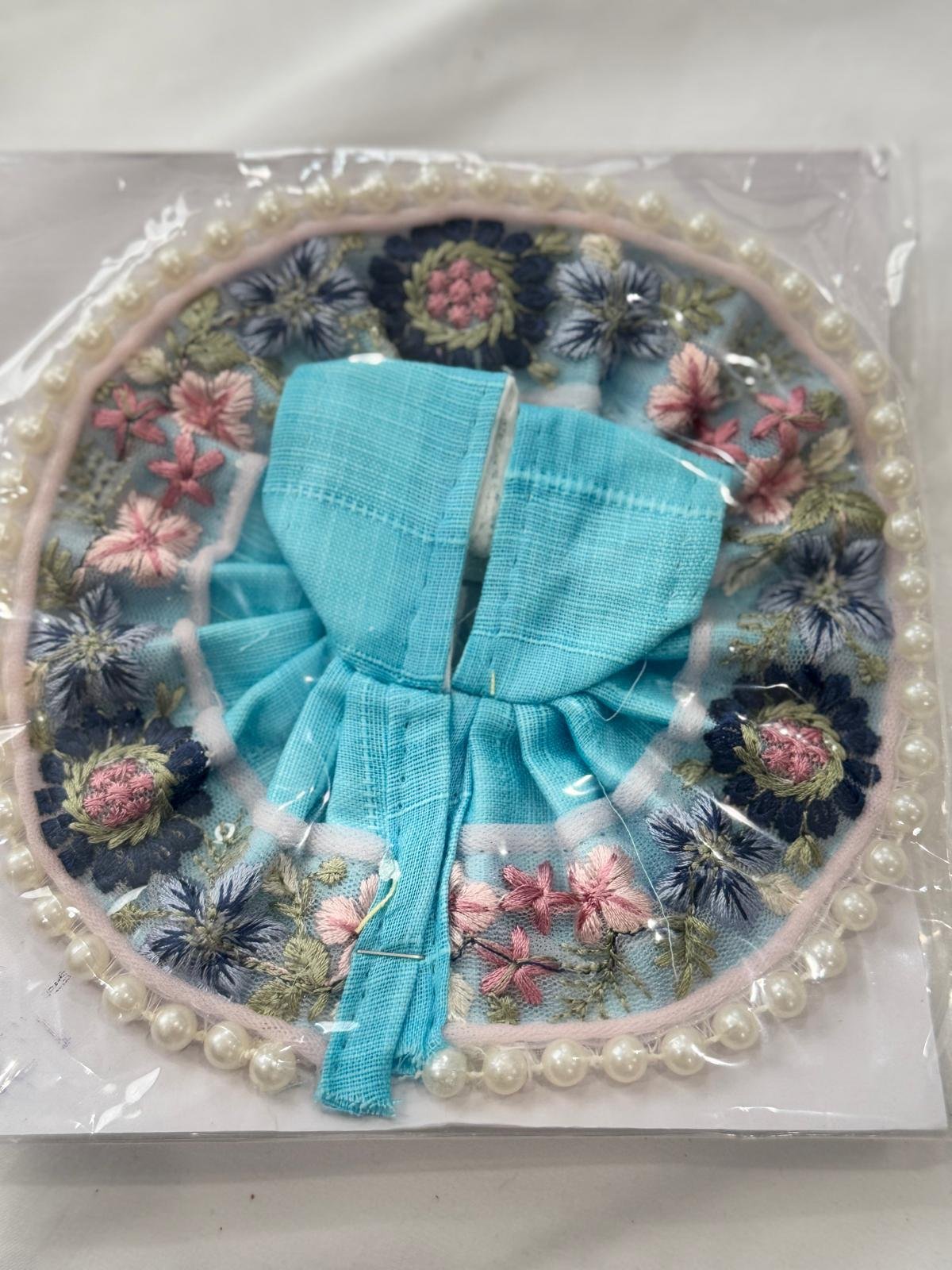 Laddu Gopal Dress – Size 1 | Bright Pink Floral Mirror Work with Silver Lace Border