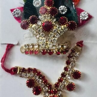 Laddu Gopal mukut and mala set with red ruby stones, white crystals, and colorful satin leaf detailing