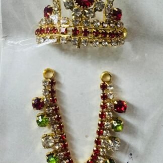Laddu Gopal mukut and mala combo with ruby, green, and white stones, featuring a teardrop-shaped earring design