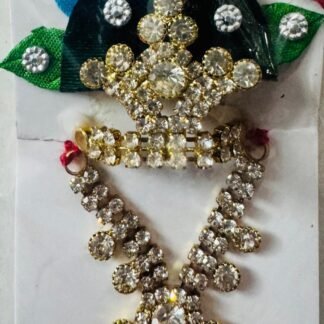 Laddu Gopal mukut and mala set with white stones and colorful satin leaf background