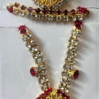 Laddu Gopal mala and mukut combo set featuring deep maroon stones, gold floral design, and sparkling diamond-like accents.