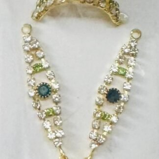 Laddu Gopal accessory set featuring a pearl drop mukut and matching mala with green and blue gem accents and crystal work.