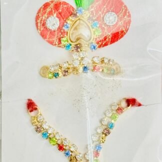 Laddu Gopal Mukut and Mala Combo with Blur Fan Design, Pink Feather, and Red color Stones