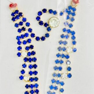 Laddu Gopal accessory set featuring royal blue diamond-studded mukut and matching layered mala with sparkling stones