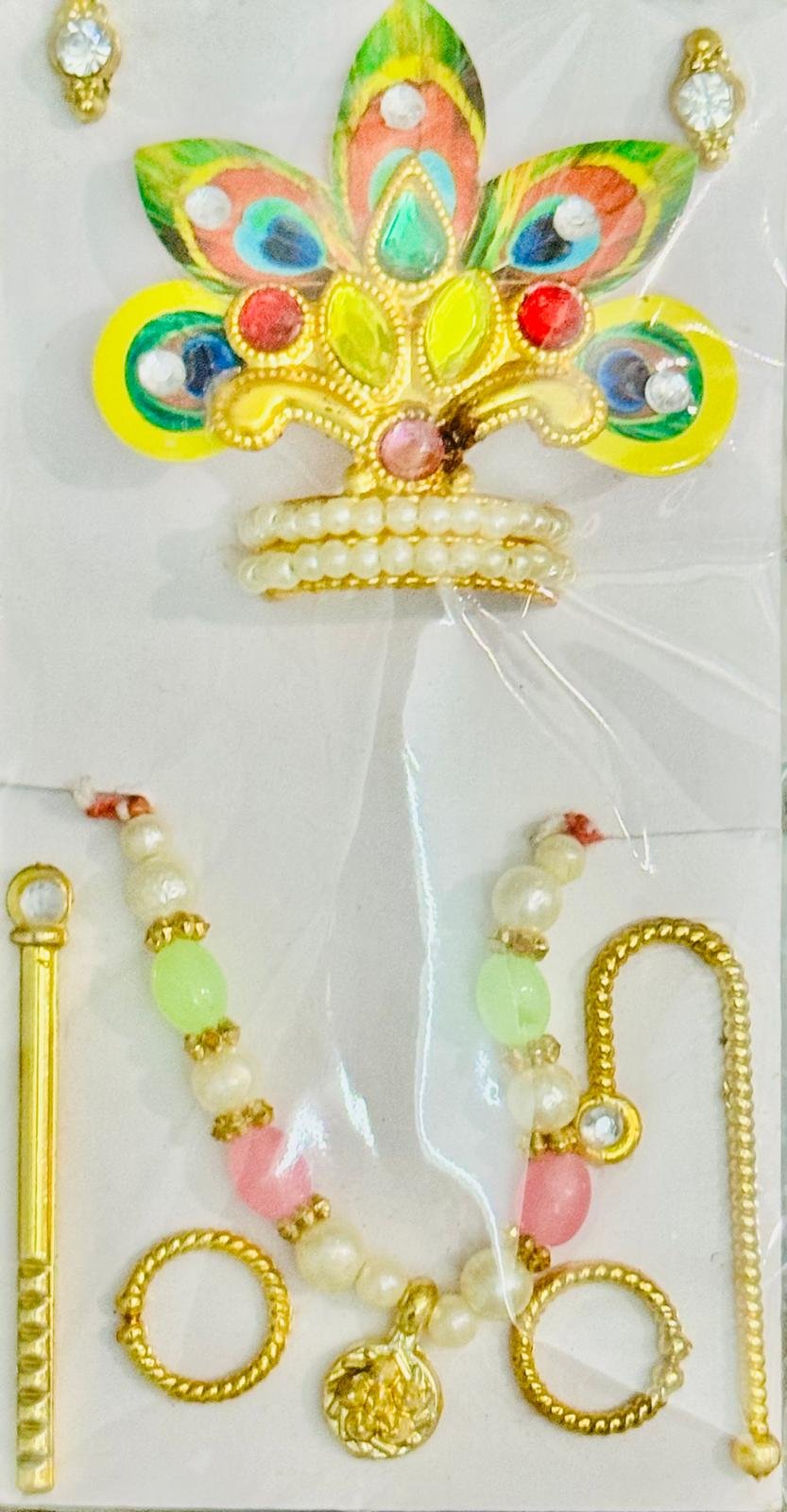 Laddu Gopal Peacock Design Mukut with Beaded Mala and Accessories
