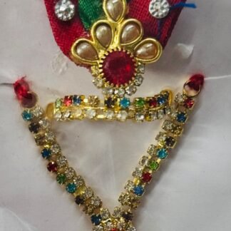 Laddu Gopal mukut and mala set with multicolor stones and red crown decorated with pearls and rhinestones