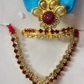 Laddu Gopal red and gold mukut and mala set with maroon stones, pearl accents, and blue-pink crown petals