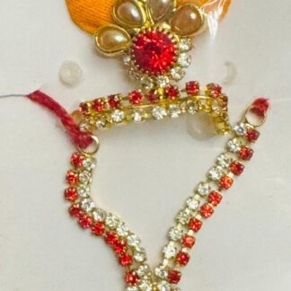 Laddu Gopal mukut and mala set with red and white stones, floral design and pink-blue fabric petals