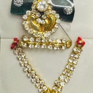 LadduGopal mukut and mala combo in white stones and gold base with peacock feather detailing