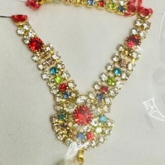 Laddu Gopal mala and mukut combo set with red stones, golden rhinestones, multicolor accents, and pearl drop
