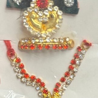 Laddu Gopal jewelry set featuring a mukut with peacock feather design, red gemstone, and gold detailing with matching mala and earrings