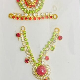Laddu Gopal mala and mukut set in green, red, and white stones with a pink round center pendant and crown