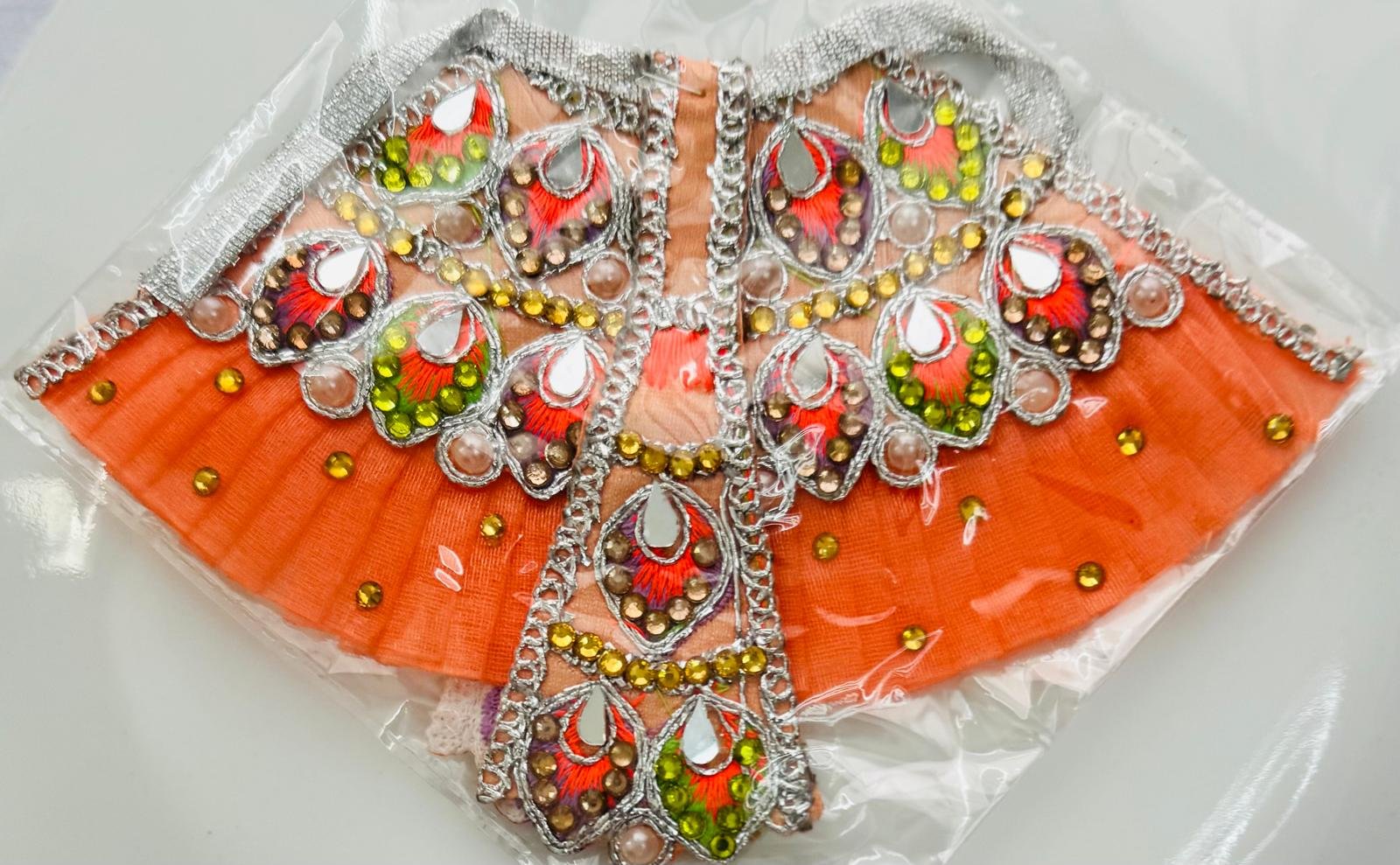 Orange Mirror Work Lehenga with Stone and Pearl Detailing