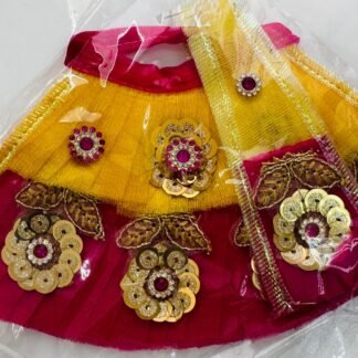 A bright yellow and deep pink Radha Rani dress adorned with floral sequin embellishments and golden embroidery.