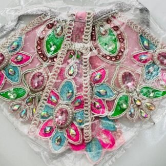 Radha Rani pink designer dress with colorful embroidery, mirror work, and gemstone embellishments