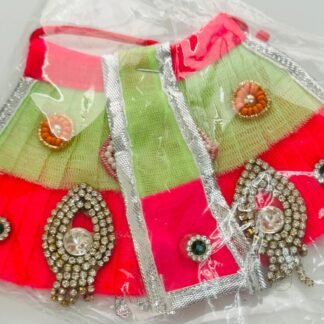 Green and pink net Radha Rani dress with silver border and stone brooch decoration