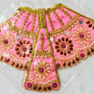 Graceful baby pink Radha Rani dress adorned with intricate red floral embroidery, delicate pearl beading, and sparkling mirror accents. A beautiful blend of tradition and charm, perfect for devotional wear and festive decoration.