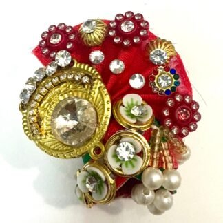 Size 2 red mukut for Laddu Gopal with stone work, floral accents, and pearl drops