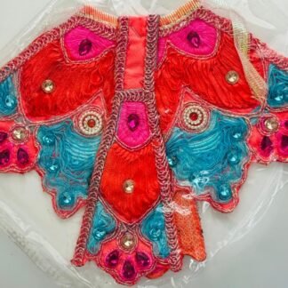 Radha Rani Lehenga with butterfly-style red, pink, and blue embroidery and stone embellishments